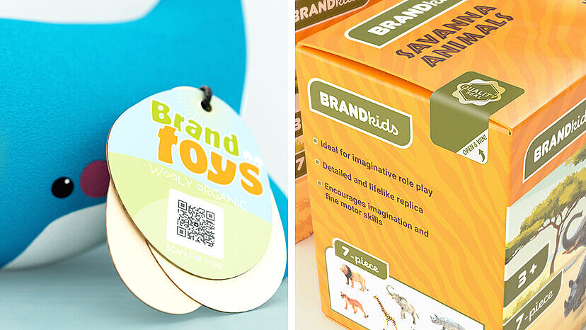 Toy packaging examples featuring QR codes and tamper-evident labels, enabling product authentication and enhancing consumer trust for children’s items.