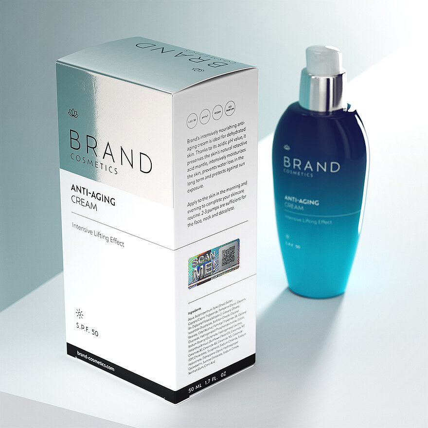 A “Brand Cosmetics Anti-Aging Cream” box displayed alongside a blue anti-aging cream bottle. The box features detailed product information and a holographic TRUSTSEAL® ID with diffractive ValiGate® label affixed to the side. The label integrates holographic security with a QR code for smartphone-based authentication and counterfeit protection. The innovative design seamlessly combines optical and digital security features.